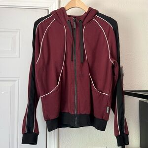 MICHI‎ burgundy red black contrast piping athletic full zip up hoodie sweater